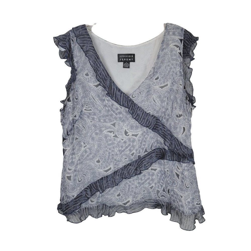 Spenser Jeremy Silk Blue White Paisley Ruffles Sleeveless Blouse Top Size XL